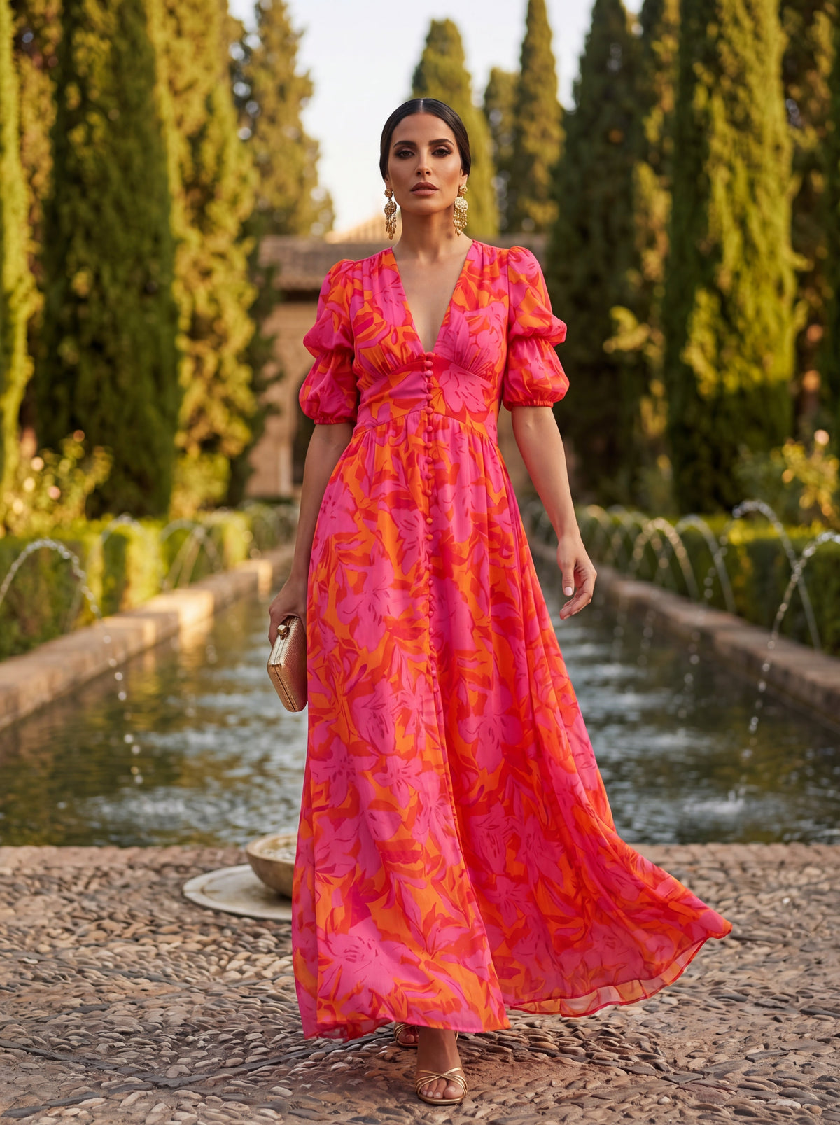 Oliva | Floral Maxi Dress with Balloon Sleeves and V-Neck