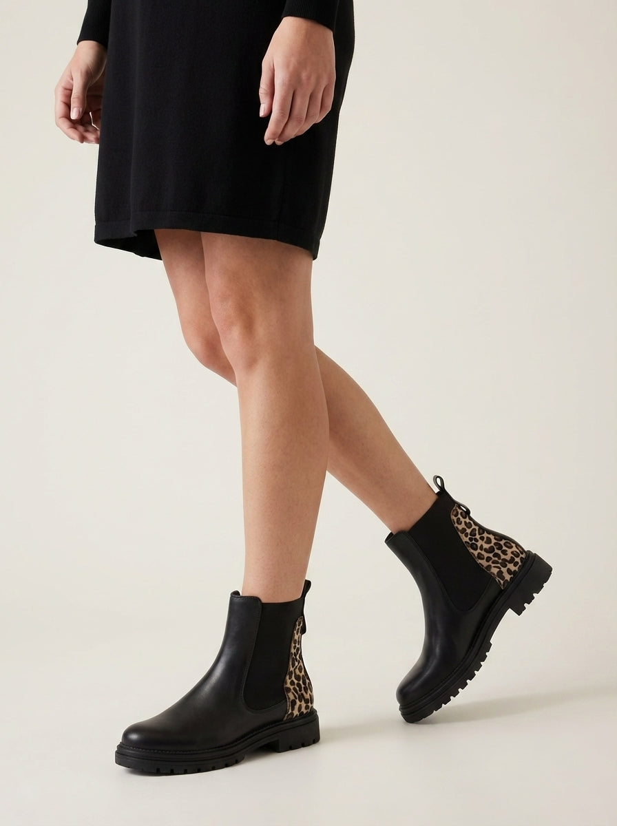 MAREN | Black Chelsea Boots with Leopard Heel – Wells & Rose