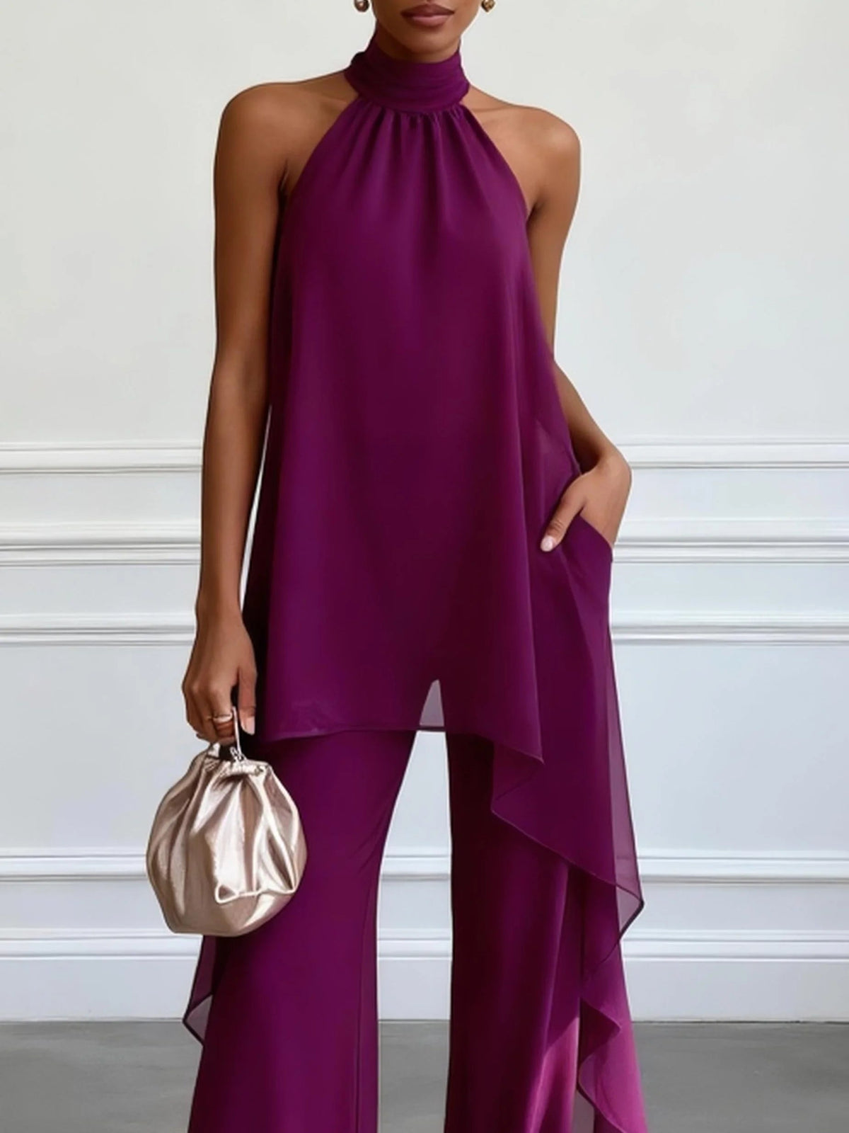 Nadia | Two-Piece Set, Chiffon Halter Top & Satin Wide-Leg Trousers