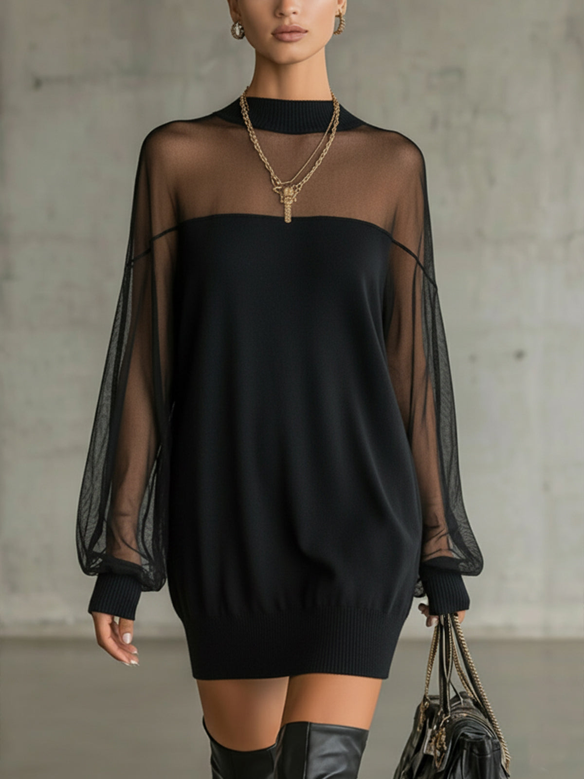 Domitille | Mini Black Dress, Transparent Mesh Sleeves, High Neck