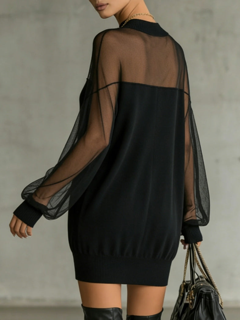 Domitille | Mini Black Dress, Transparent Mesh Sleeves, High Neck