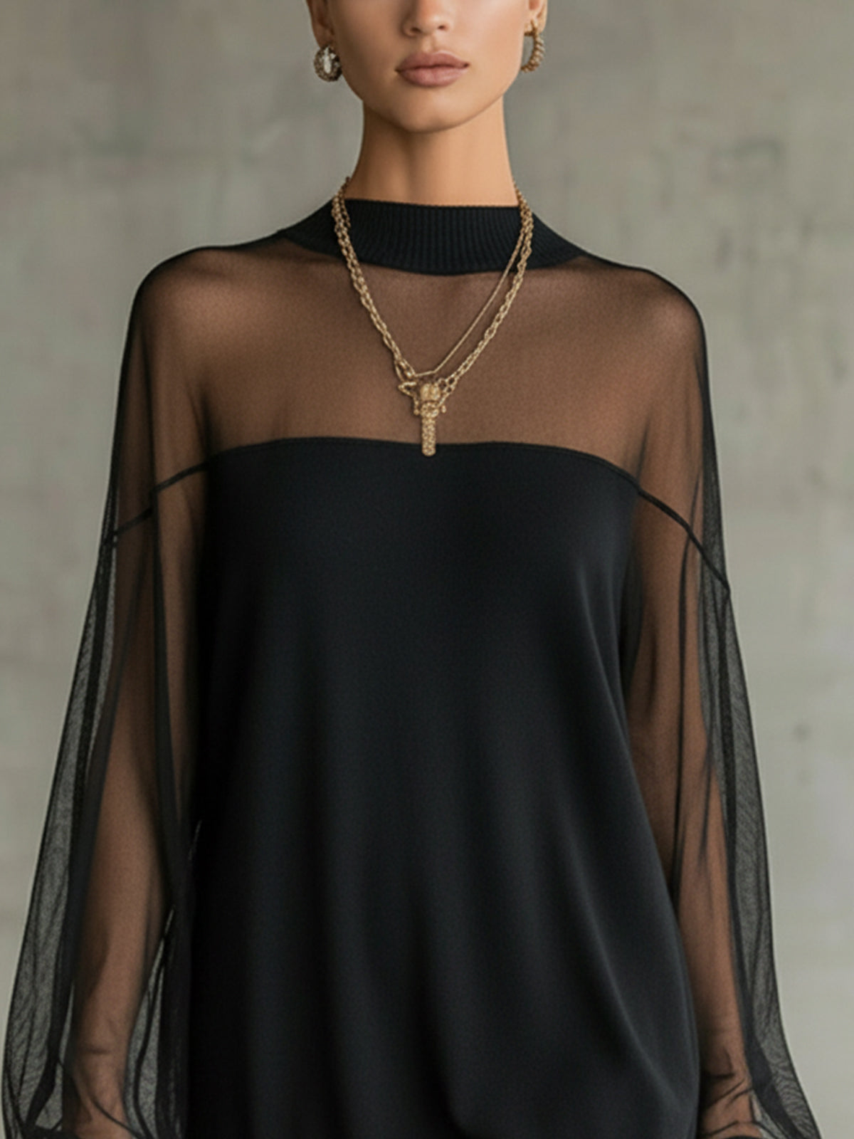 Domitille | Mini Black Dress, Transparent Mesh Sleeves, High Neck