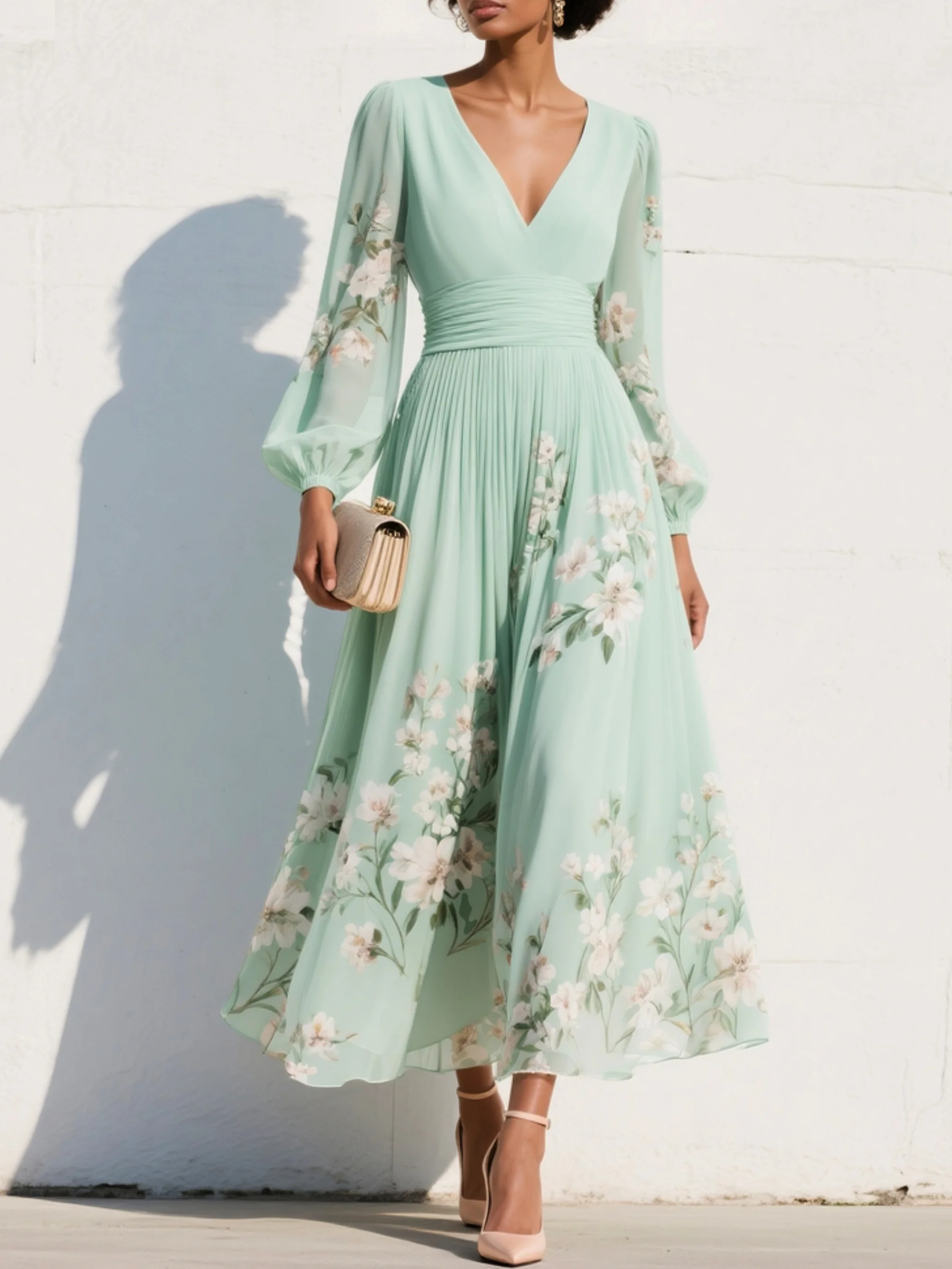Cisella | Light Green Floral Midi Dress