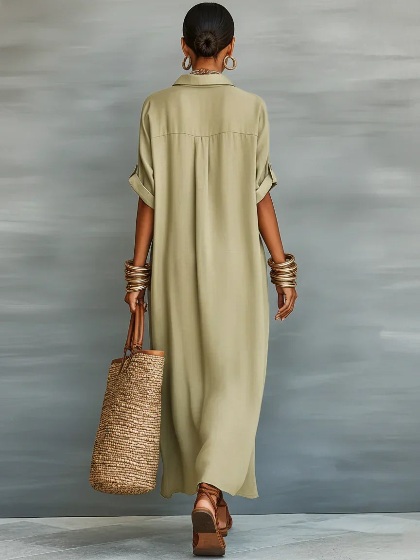 Megan Olive Green Maxi Dress with Minimalist Lines