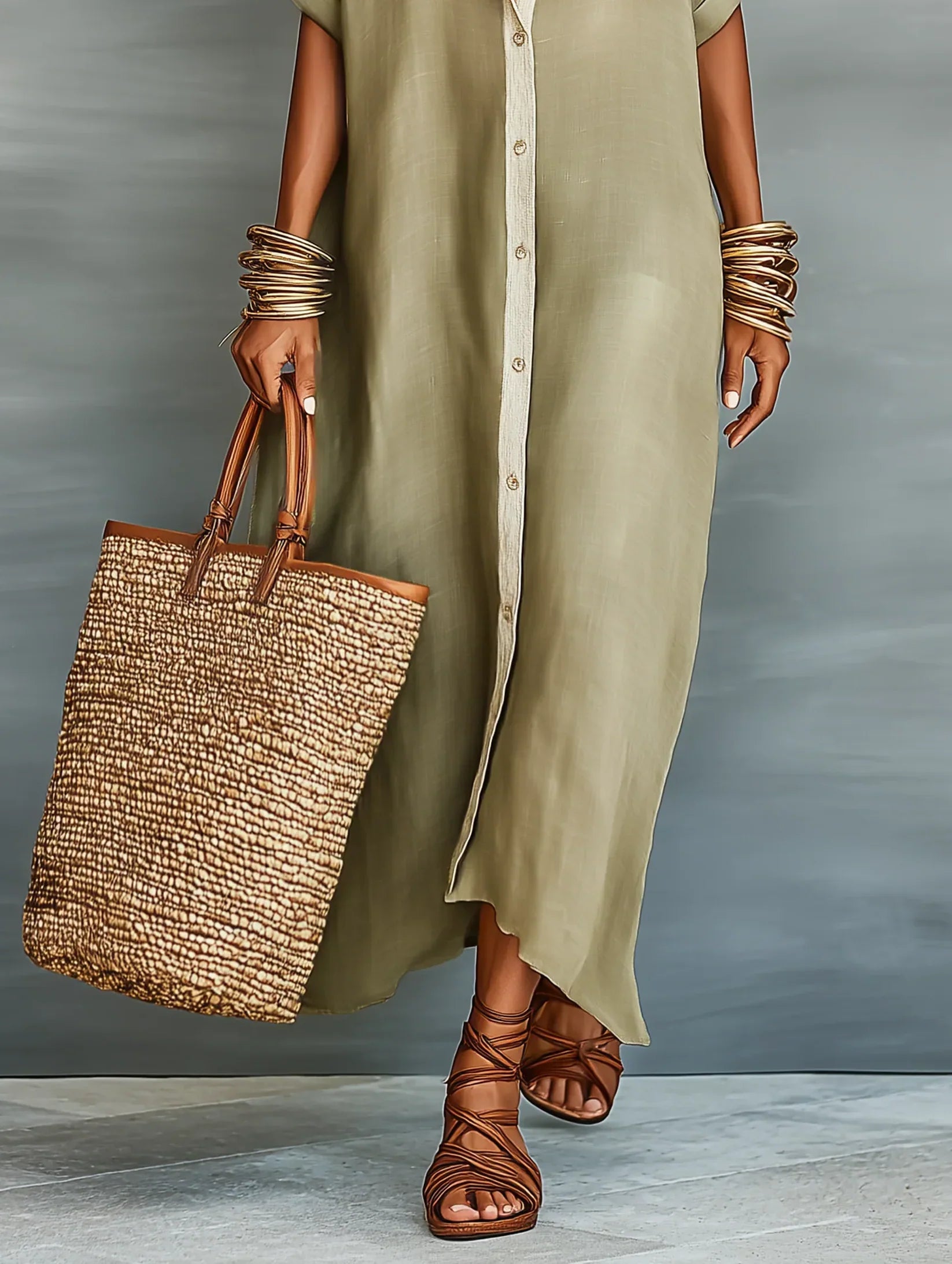 Megan Olive Green Maxi Dress with Minimalist Lines