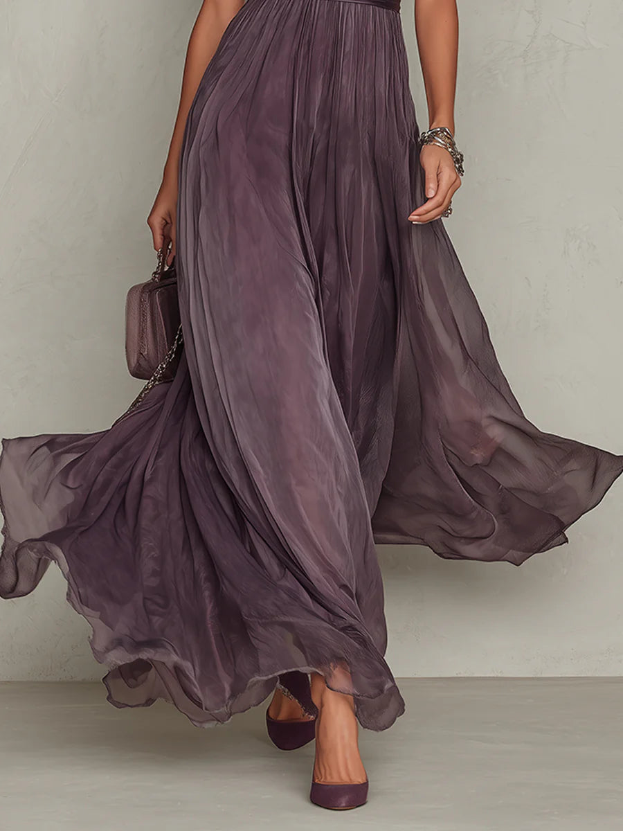 Flavia | Long purple dress with keyhole neckline, chiffon lace trim