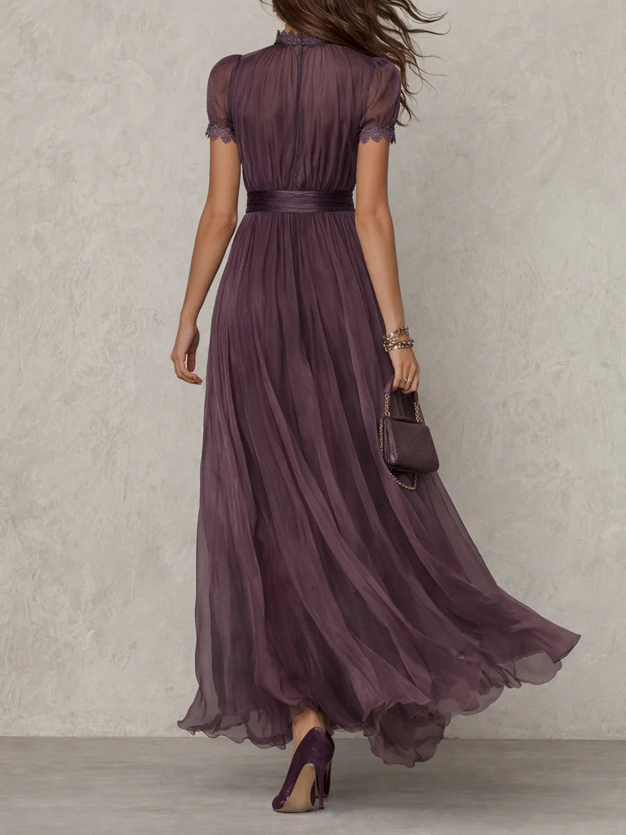 Flavia | Long purple dress with keyhole neckline, chiffon lace trim