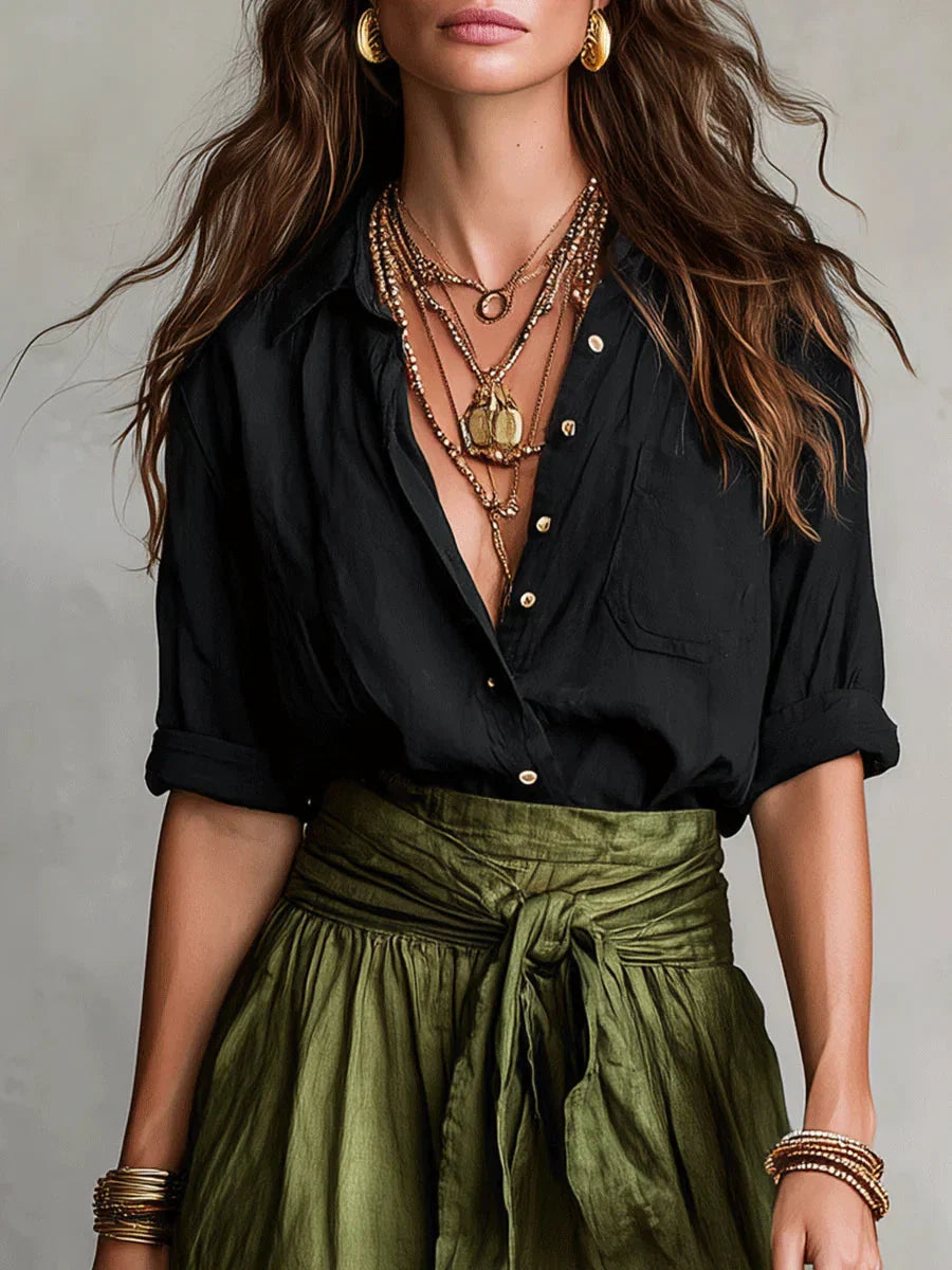 Elegant Two-Piece Set with Black Blouse and Midi Skirt