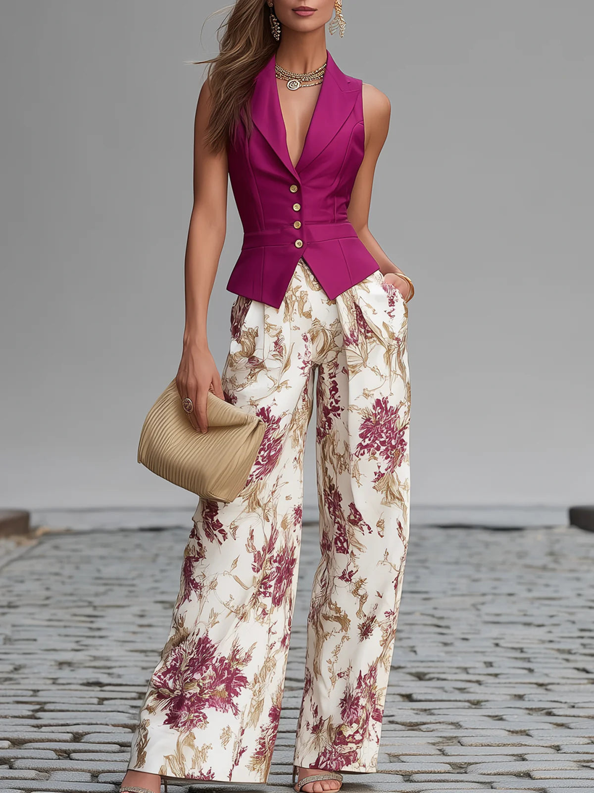 Sleeveless Pink Vest and Wide Floral Printed Trousers