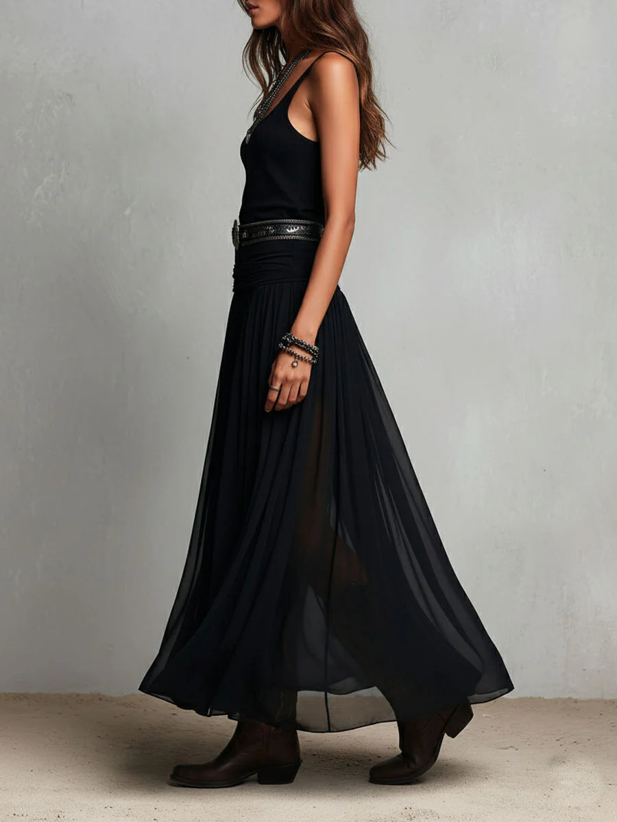 Black Sleeveless Tank Top With Tulle Skirt Maxi Dress (with belt)