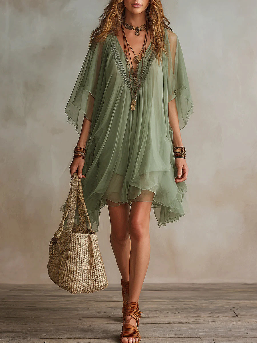 Emerald | Layered Mini Fluid Dress, V-Neck Green
