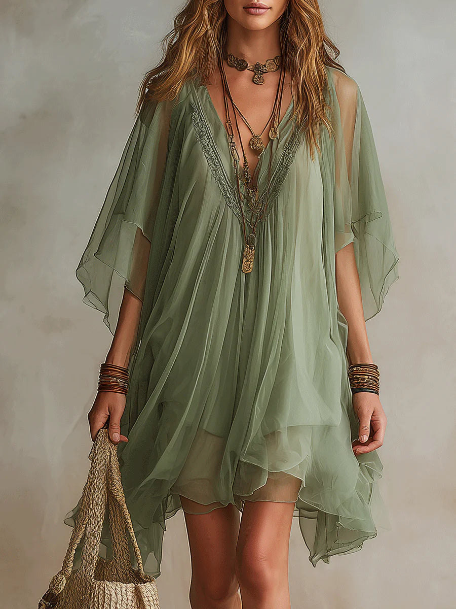 Emerald | Layered Mini Fluid Dress, V-Neck Green
