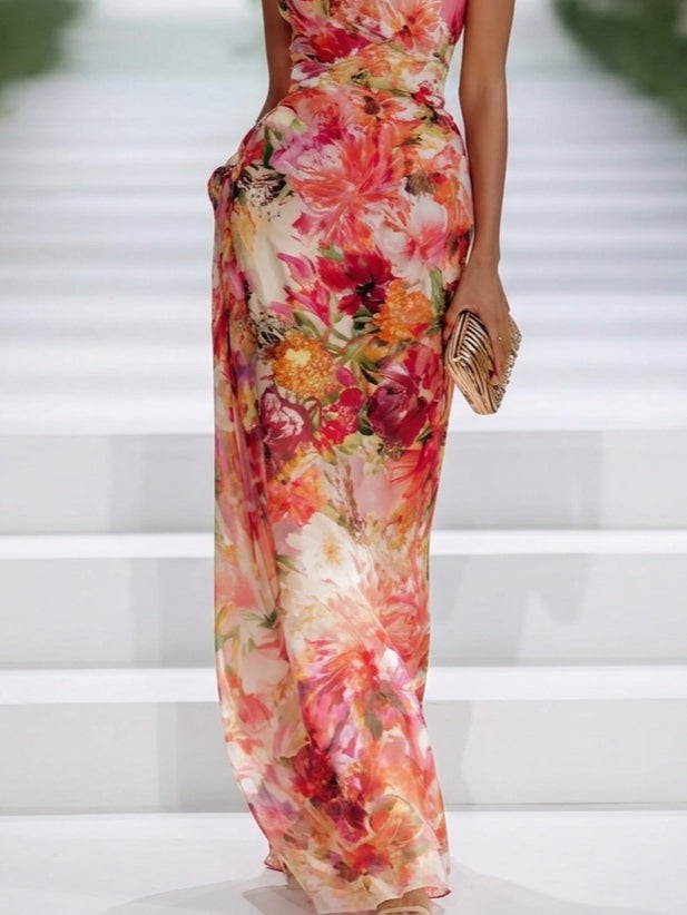 Elegant Red Chiffon Floral Halter-Neck Sleeveless Maxi Dress