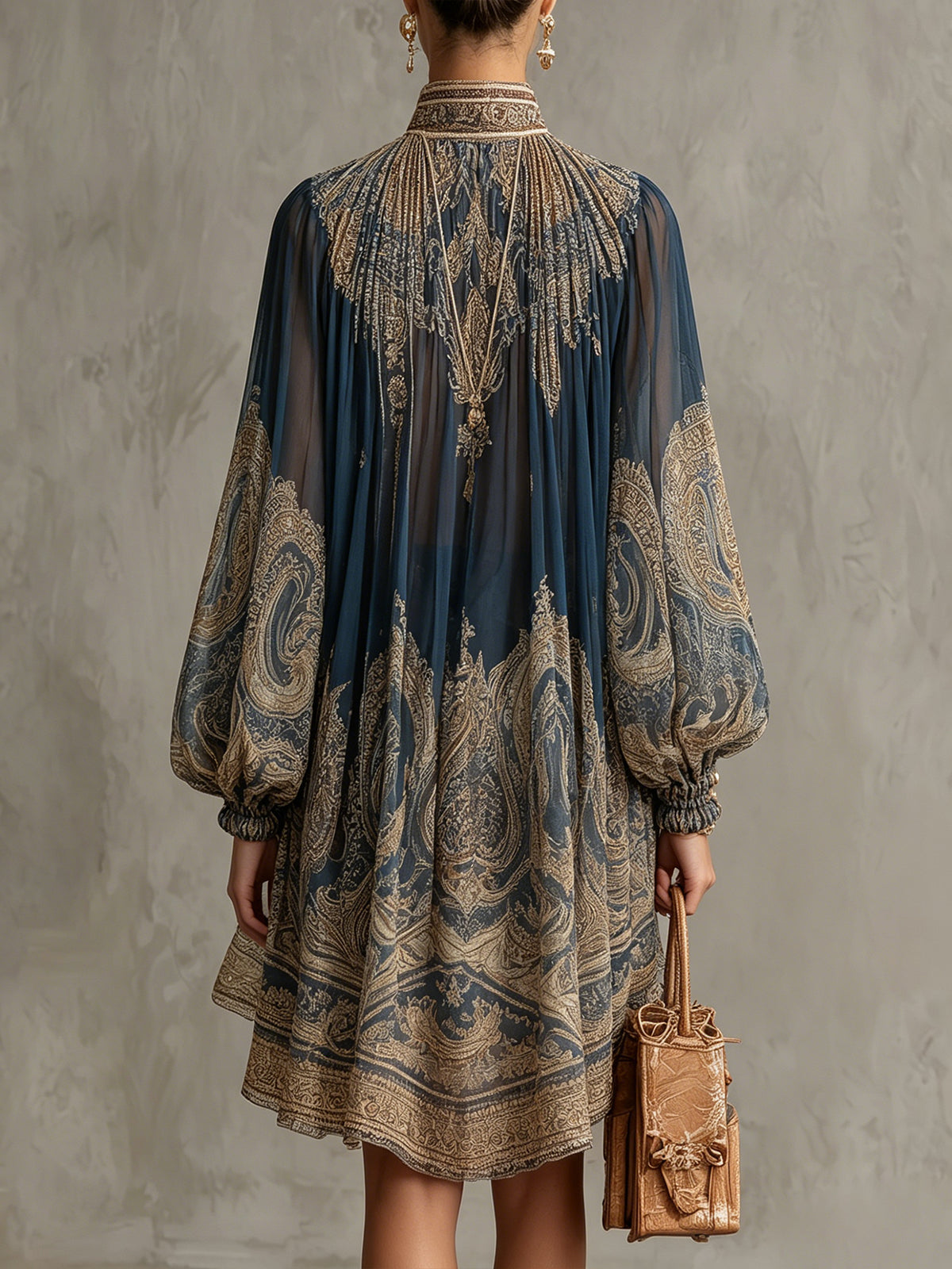 Bérénice | Asymmetrical Mini Dress in Navy Blue Chiffon with Baroque Print and High Collar