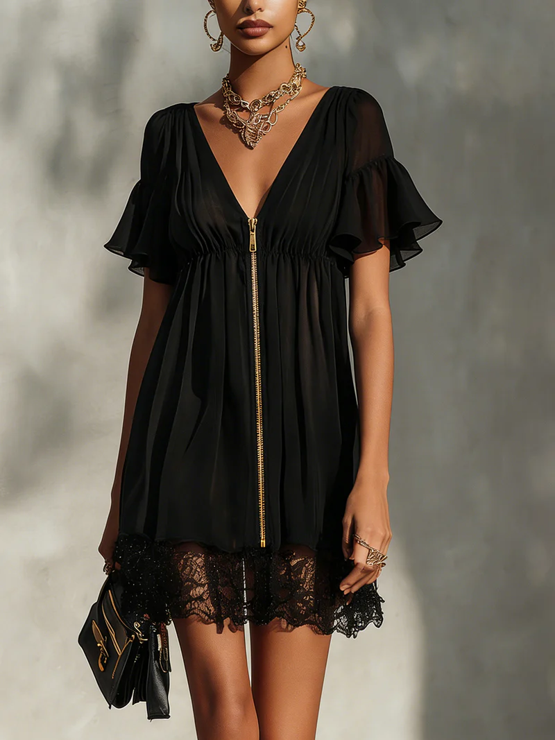 Sanyaâ„¢ | Zip-Front Lace Mini Dress