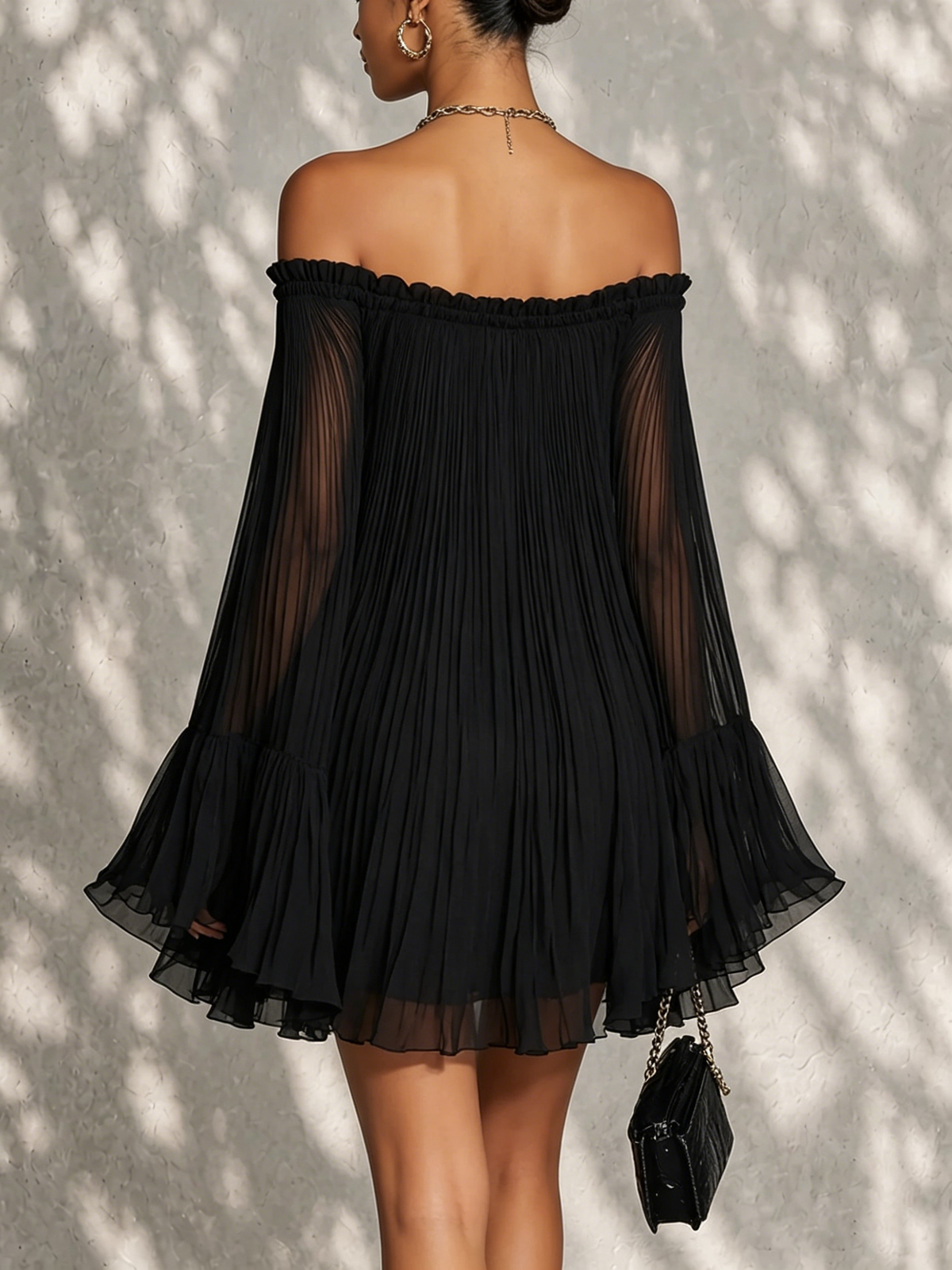 Océane | Black Mini Dress with Bell Sleeves and Ruffled Off-Shoulder