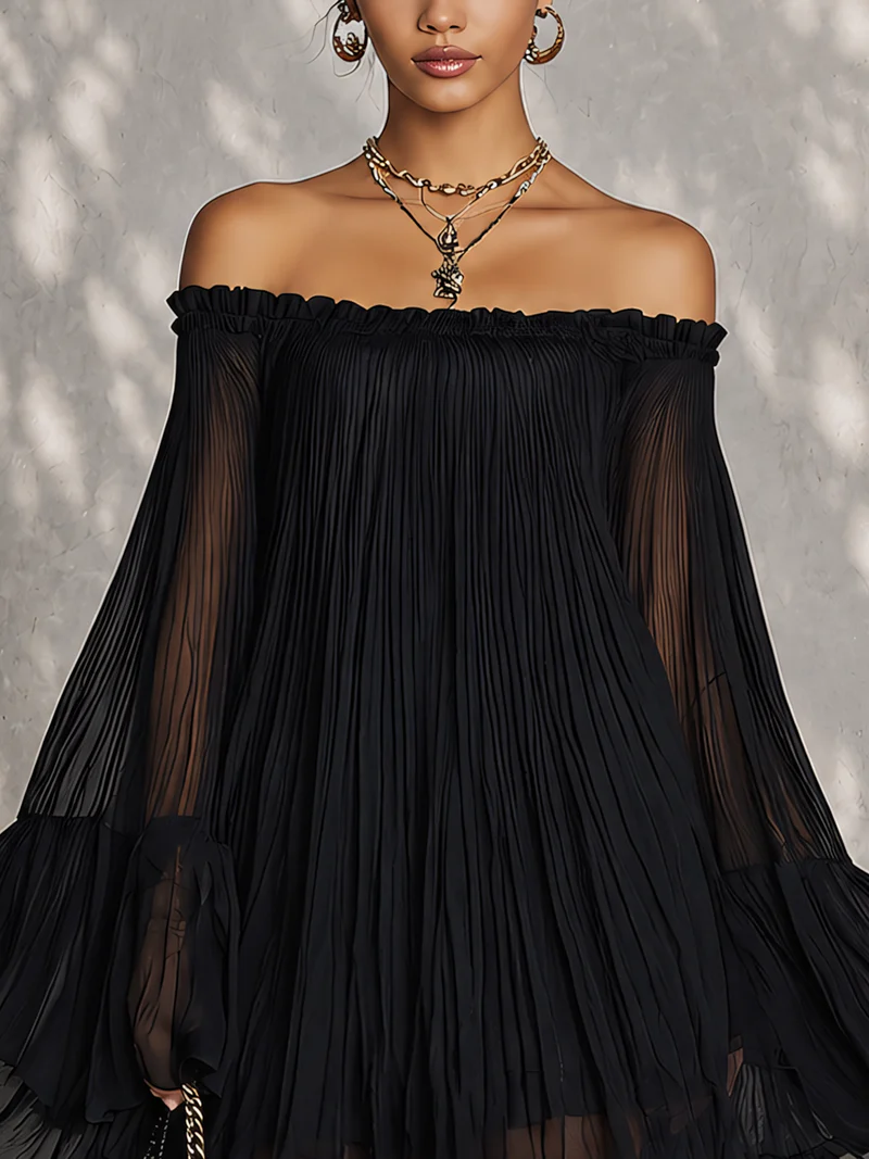 Océane | Black Mini Dress with Bell Sleeves and Ruffled Off-Shoulder