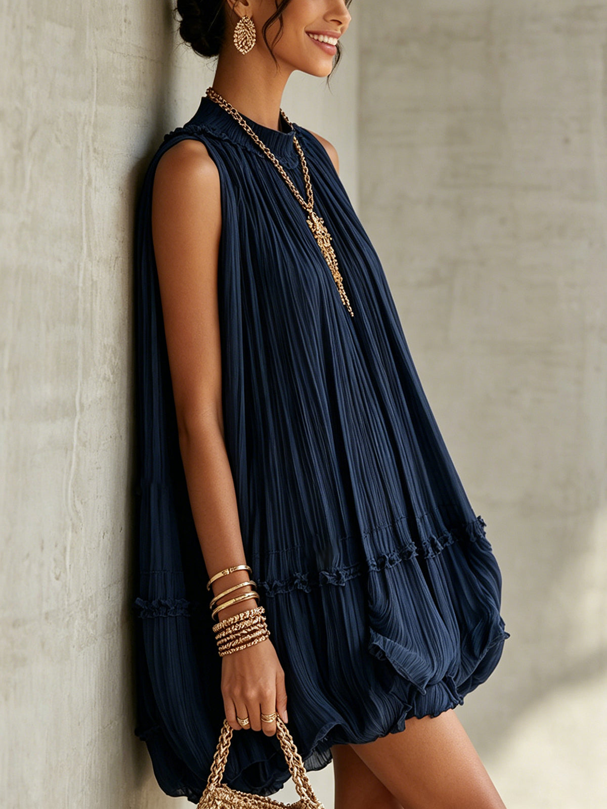 Océane | Mini Ruffled Dress, Halter Neck, Navy Blue