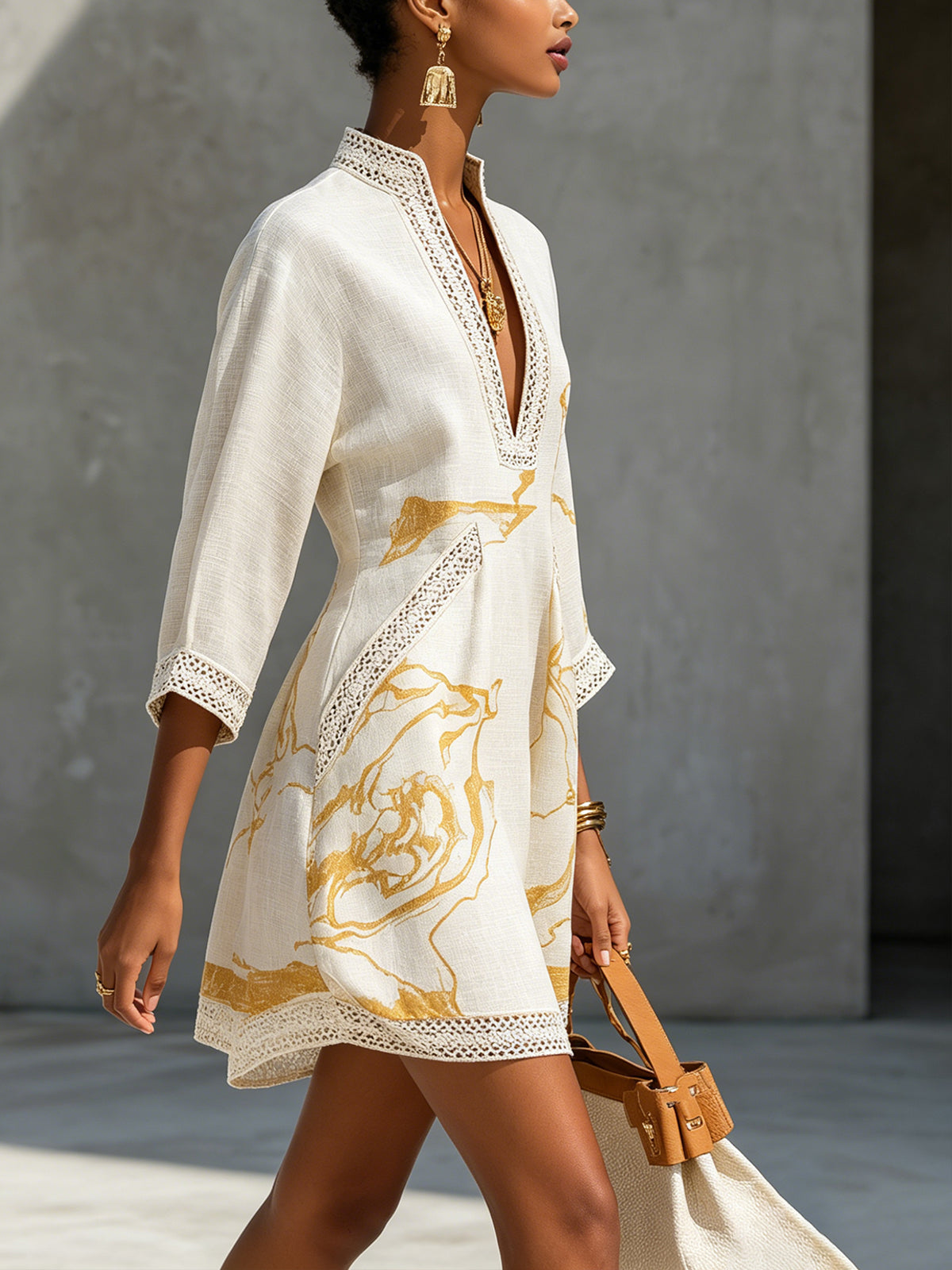 Ivory | Mini Dress in Viscose, Gold Printed Ivory