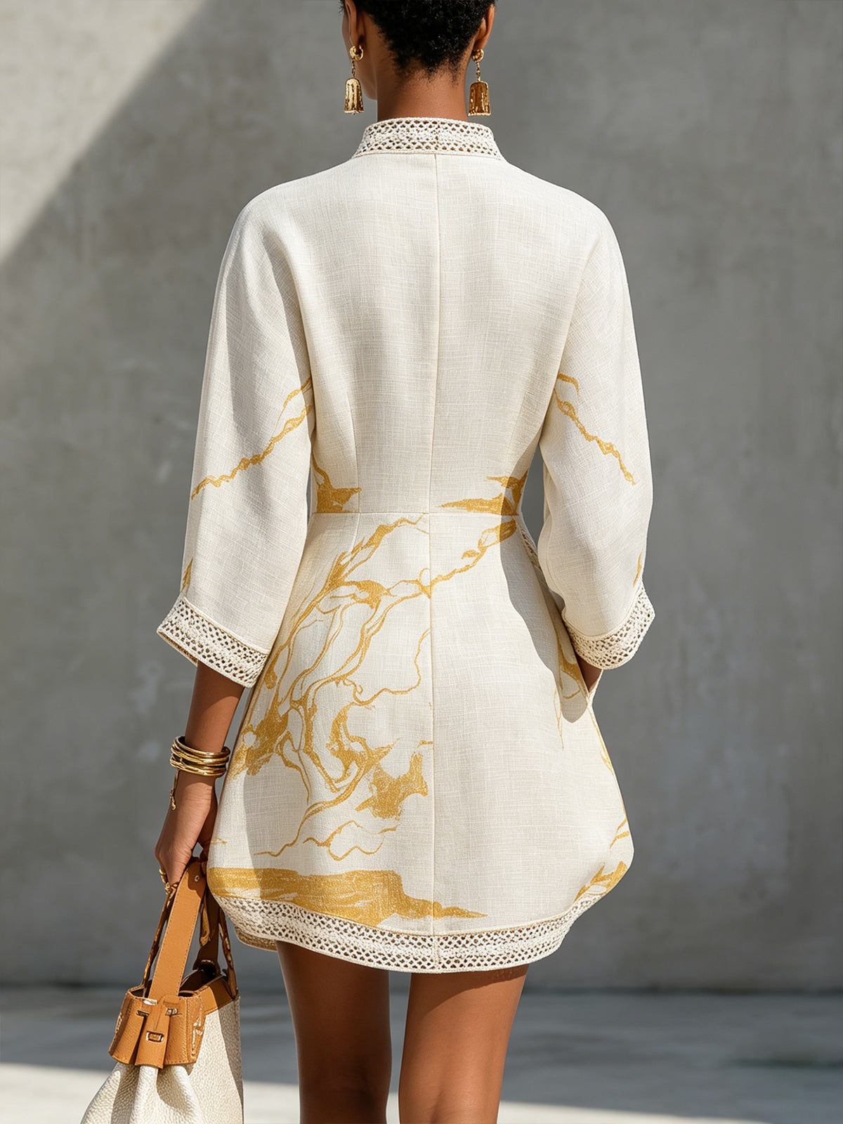 Ivory | Mini Dress in Viscose, Gold Printed Ivory