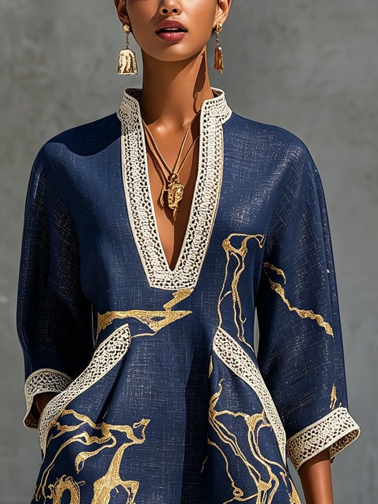 Astrée | Mini Dress with V-Neck, Navy Gold Print