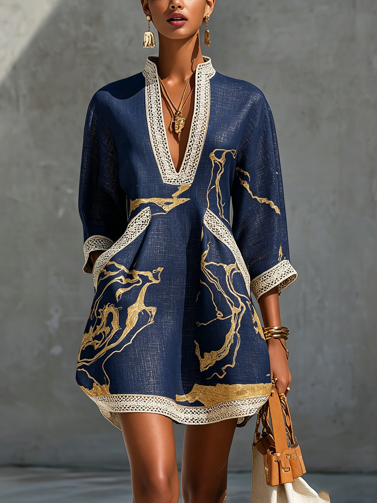 Astrée | Mini Dress with V-Neck, Navy Gold Print