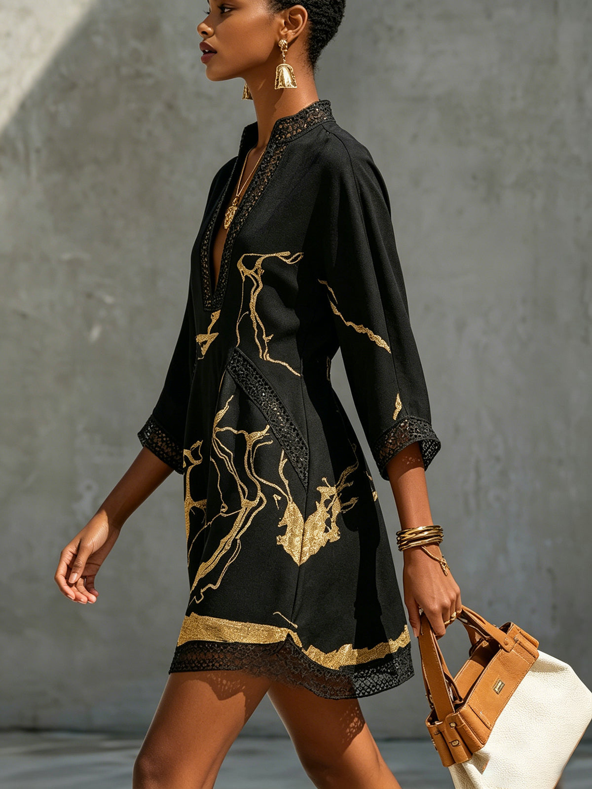 Léonie | Black Mini Dress in Crocheted Lace with Golden Patterns and V-Neck