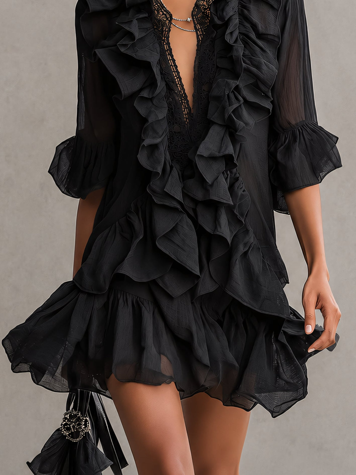Anaïs | Black Mini Dress in Chiffon with Ruffles