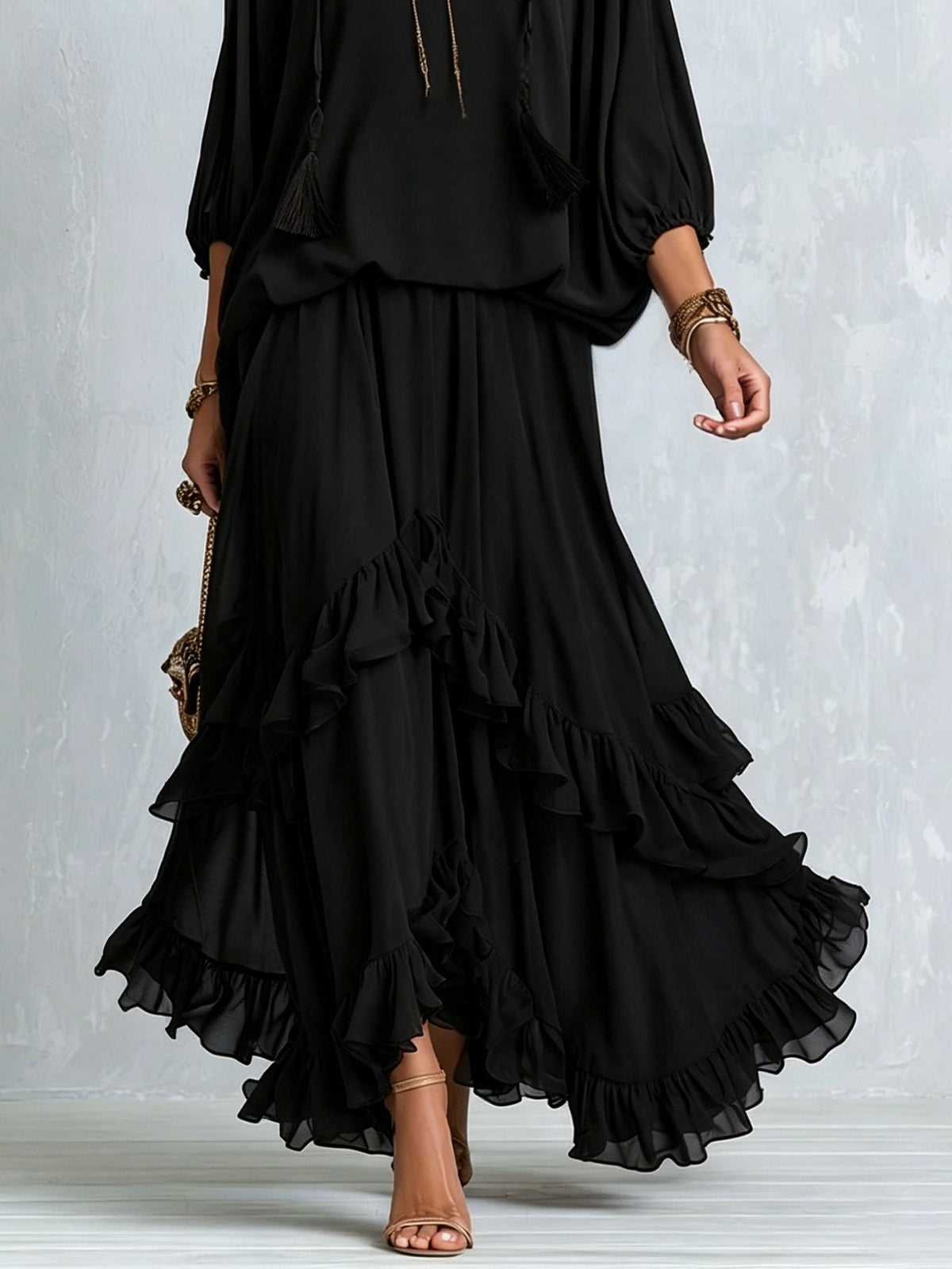 TABITHA | Black Tassel-Tie Ruffled Skirt Set – Wells & Rose