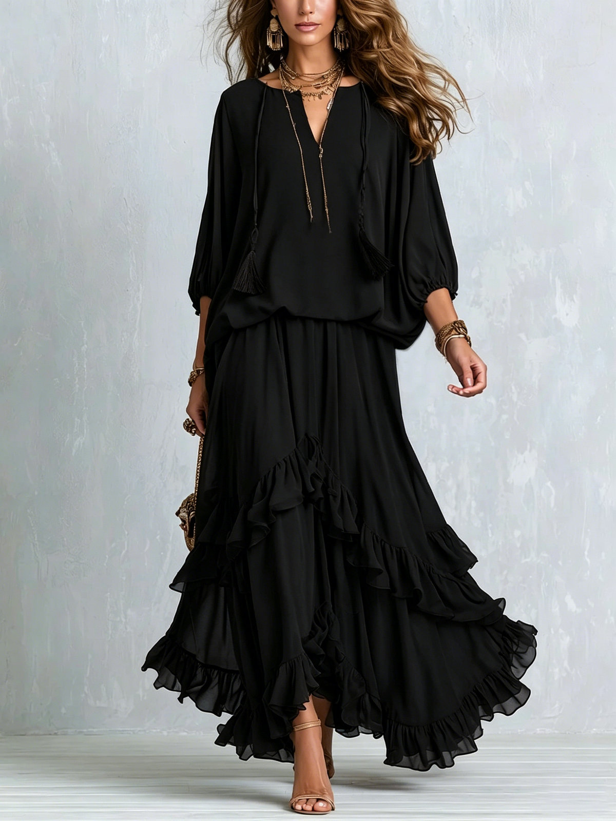 TABITHA | Black Tassel-Tie Ruffled Skirt Set – Wells & Rose