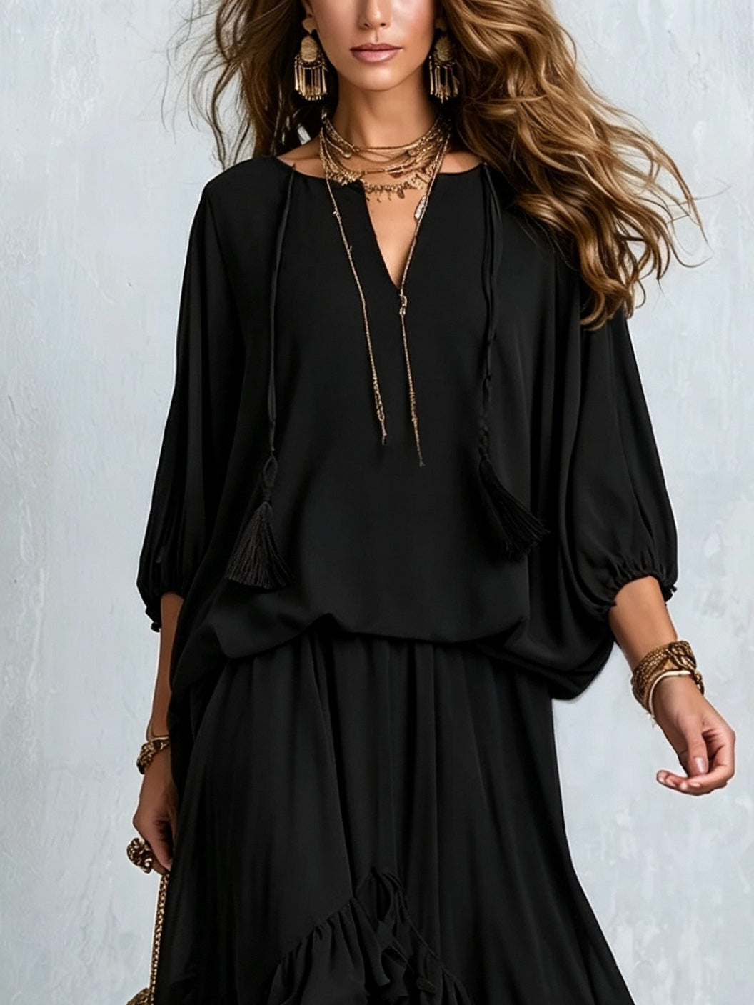 TABITHA | Black Tassel-Tie Ruffled Skirt Set – Wells & Rose