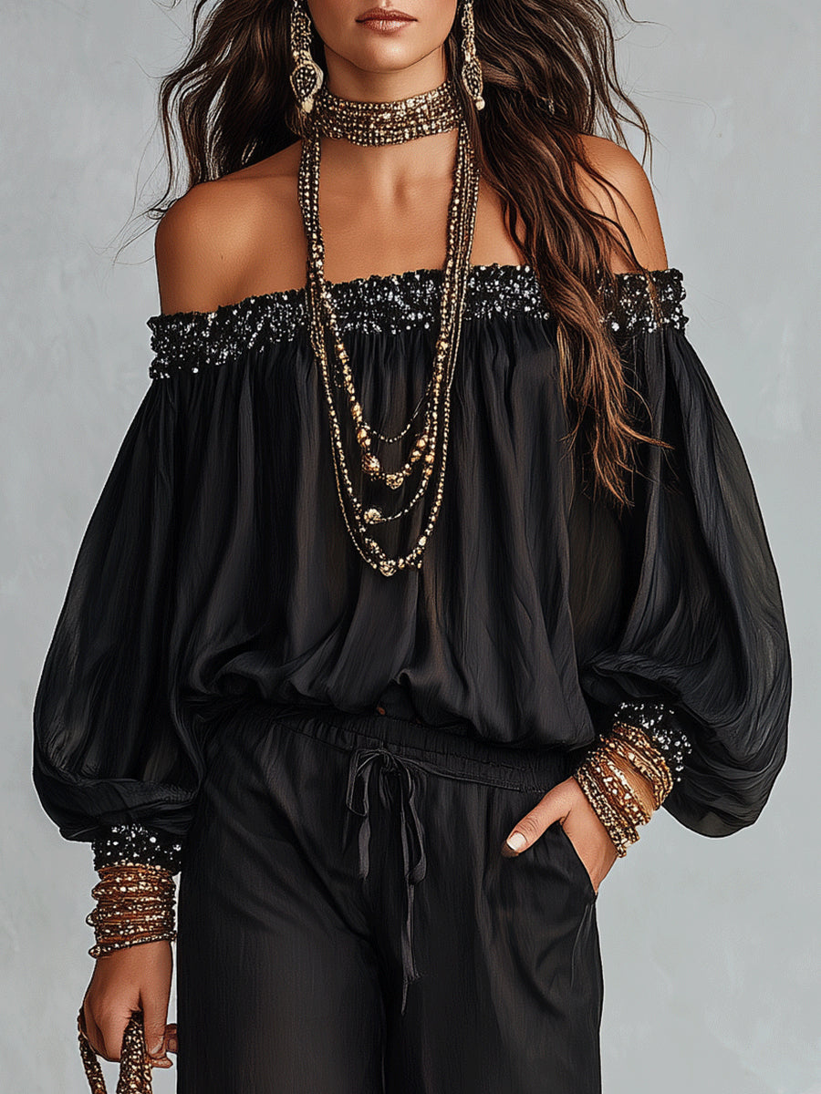 HENRIETTA | Sequin Off-Shoulder Pants Set – Wells & Rose