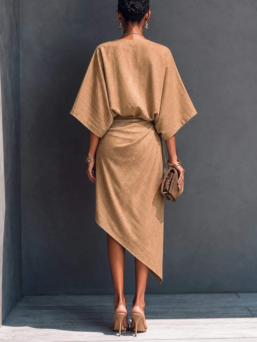 Khaki Draped Asymmetrical Short-sleeved Midi Dress