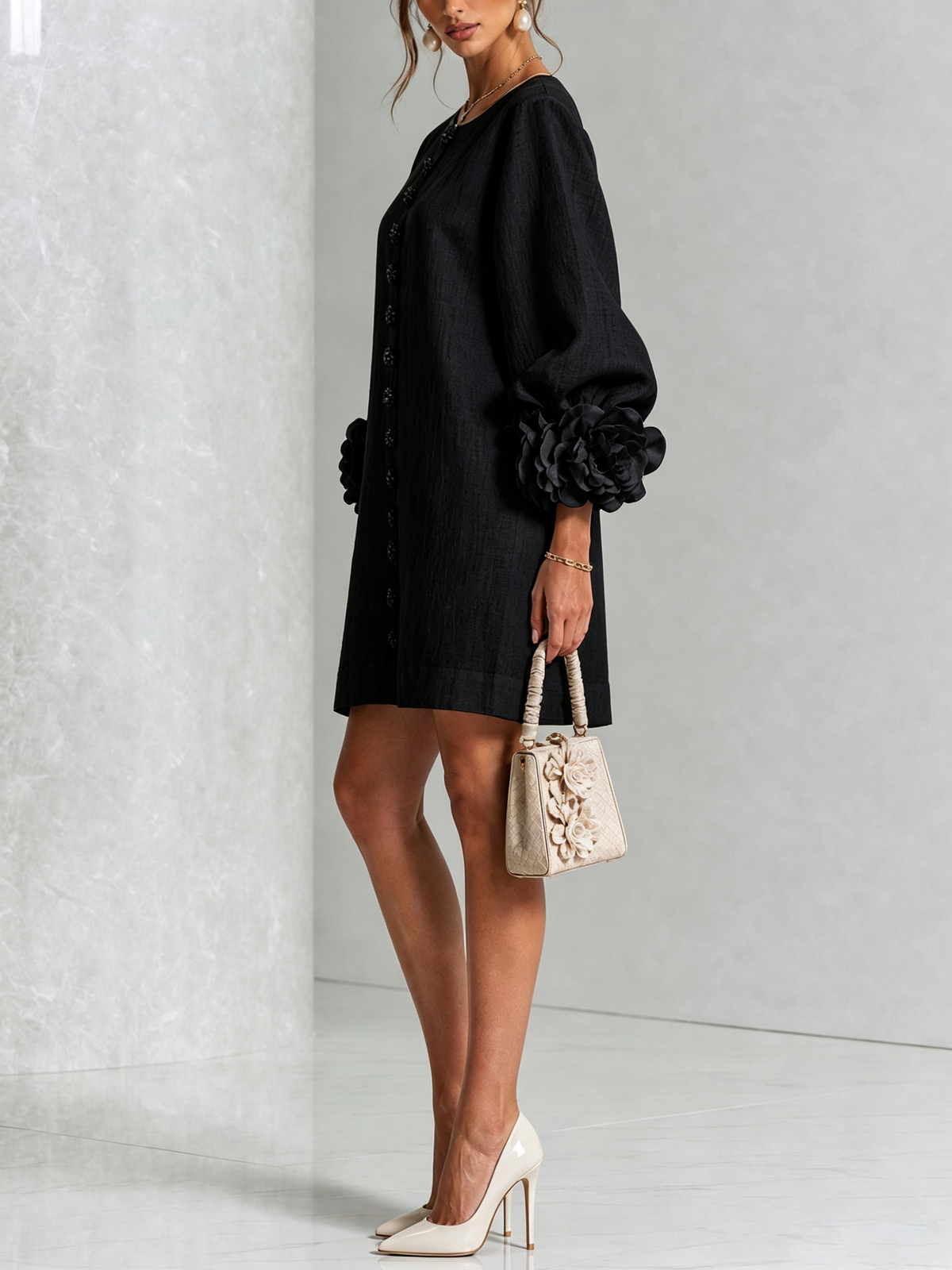 Aurora | Floral-Cuff Button Mini Dress
