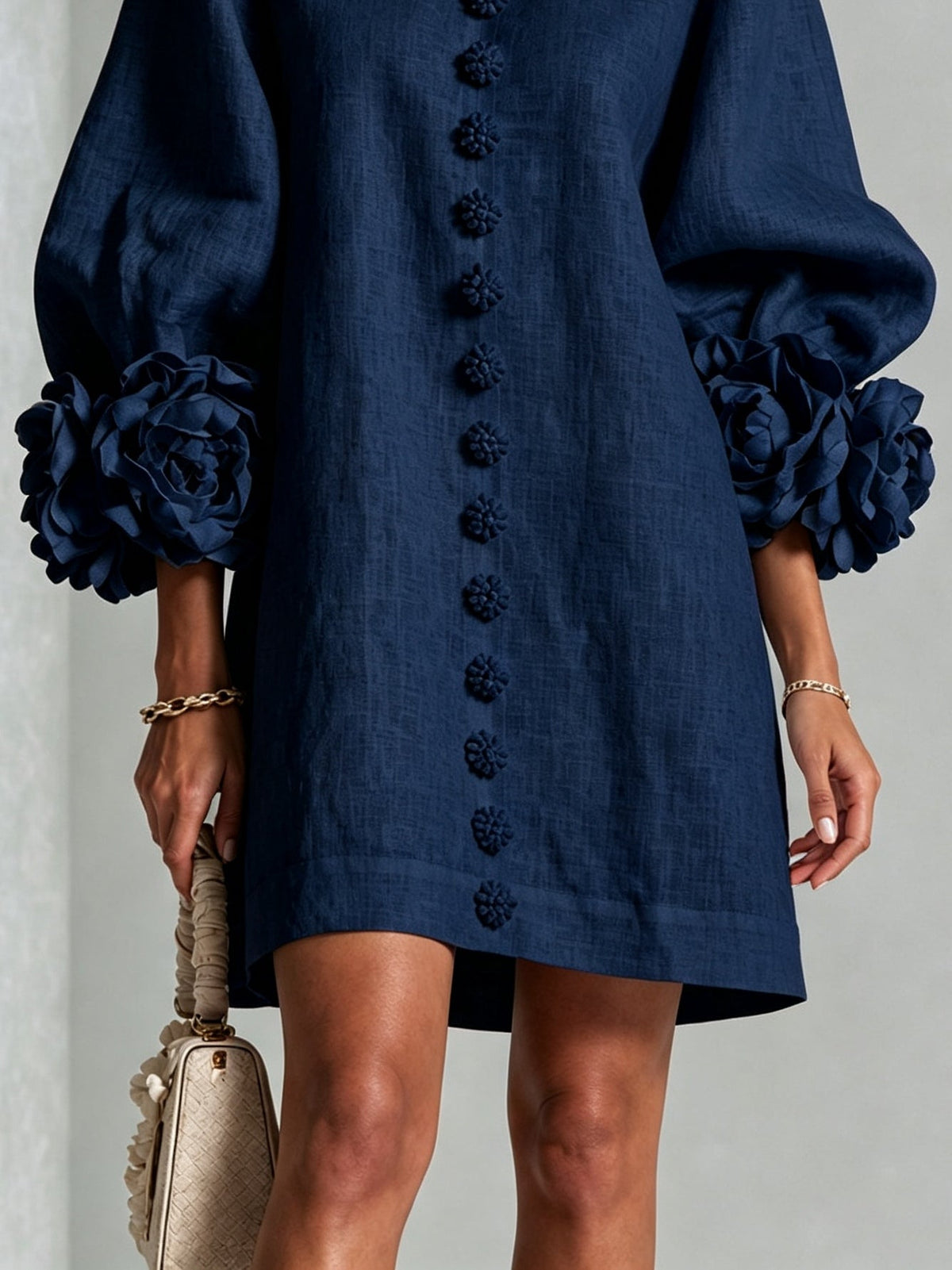 Wren | Navy Rose-Cuff Mini Dress – Wells & Rose