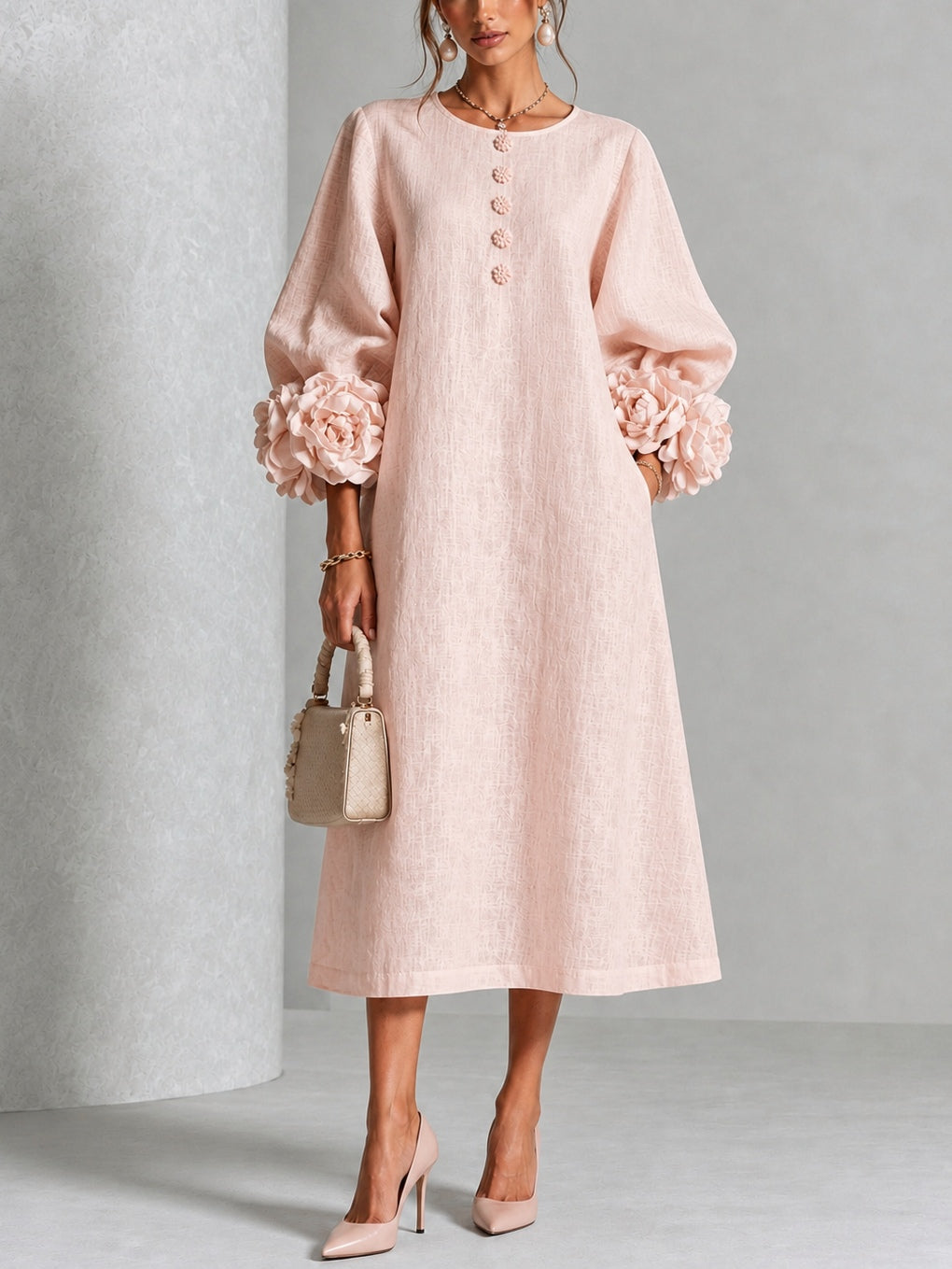 Theodosia | Rosette-Cuff Button Midi Dress – Wells & Rose