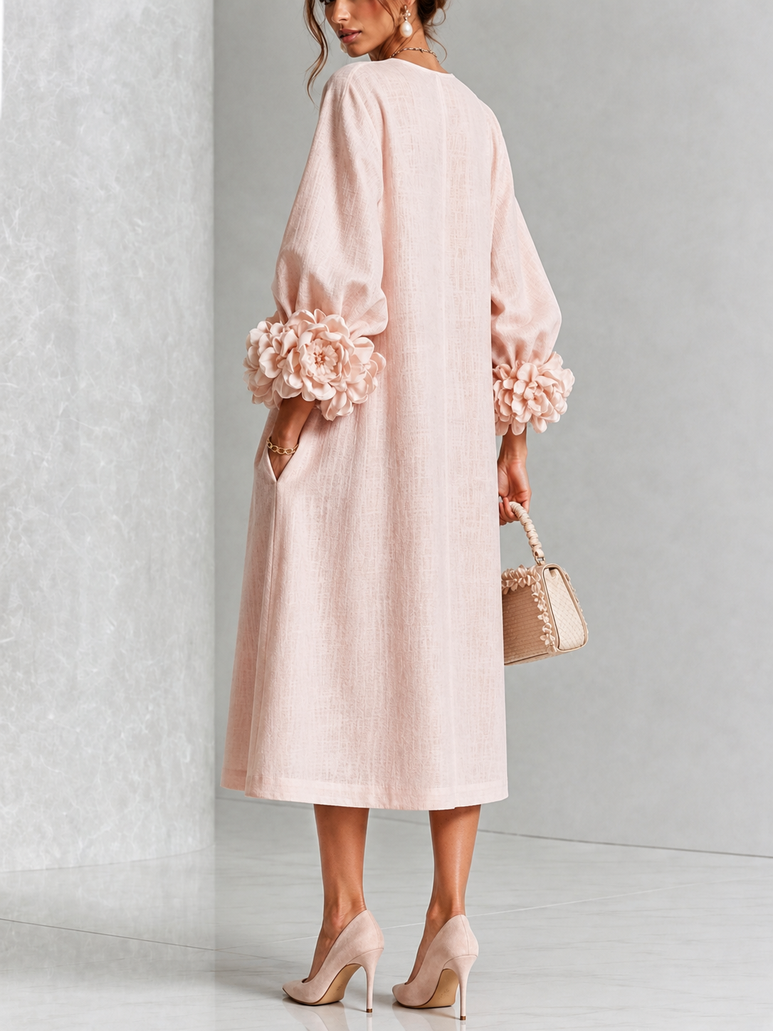 Rosetta | Floral-Cuff Buttoned Midi Dress