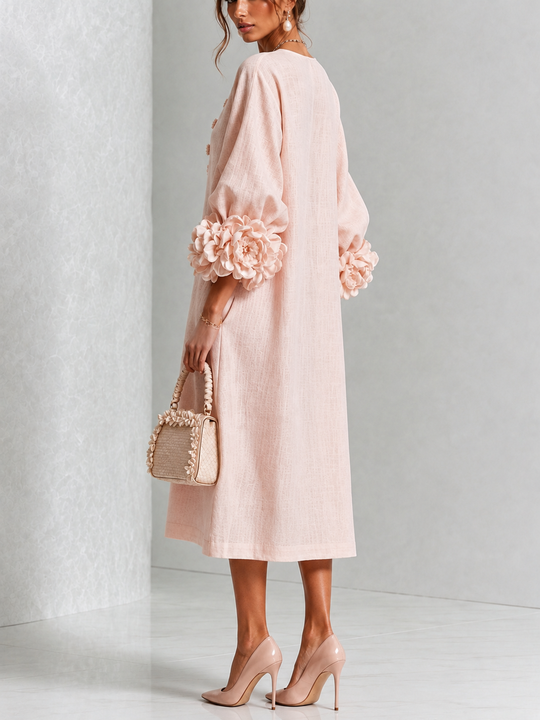 Theodosia | Rosette-Cuff Button Midi Dress – Wells & Rose