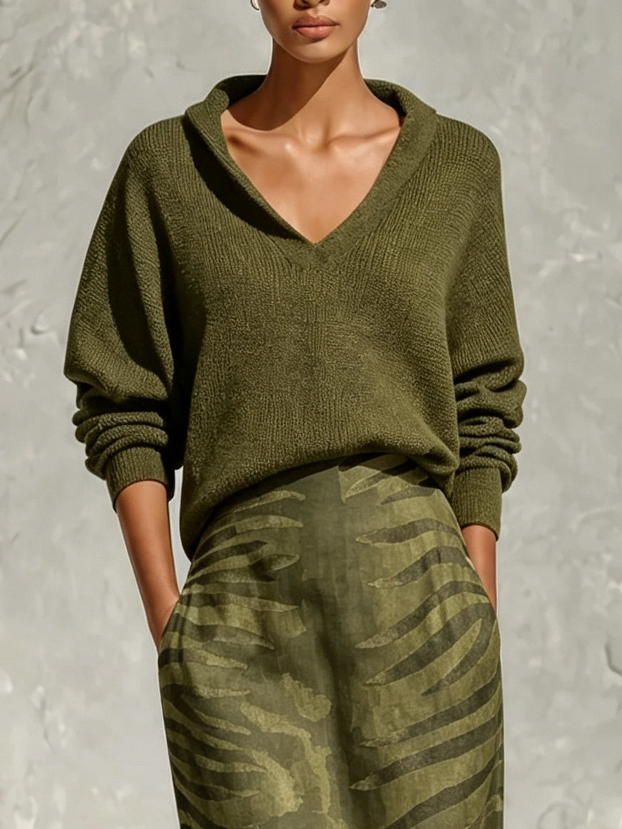 Olive Green Collar Knit Top And Zebra Linen Midi Skirt Two‑Piece Set