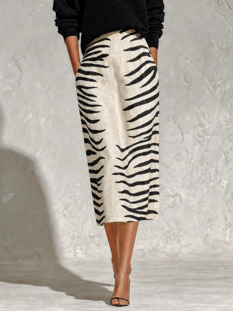 Black Collar Knit Top And Zebra Linen Midi Skirt Two‑Piece Set