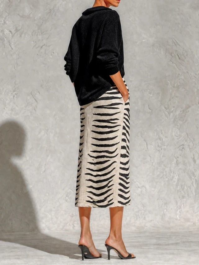 Black Collar Knit Top And Zebra Linen Midi Skirt Two-Piece Set