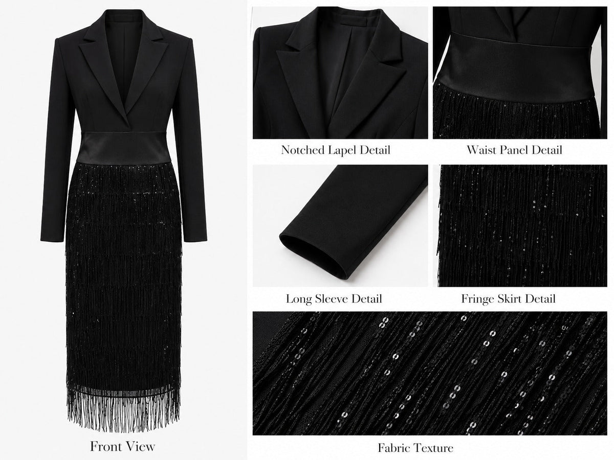 Black Blazer Bodice Sequin Fringe Midi Dress
