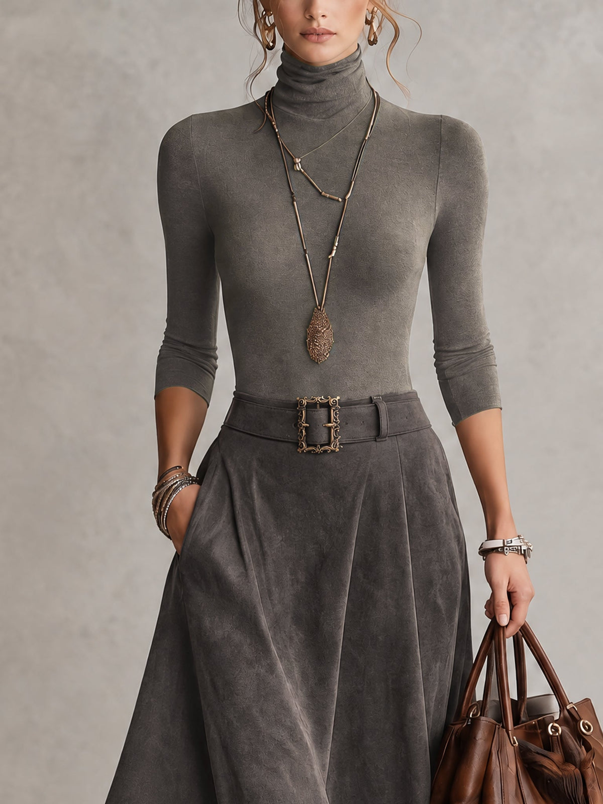 CARMEN | Gray Suede-Look Skirt Set
