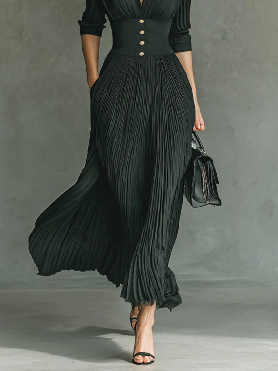 ELVIRE | Pleated Maxi Dress with Lapels