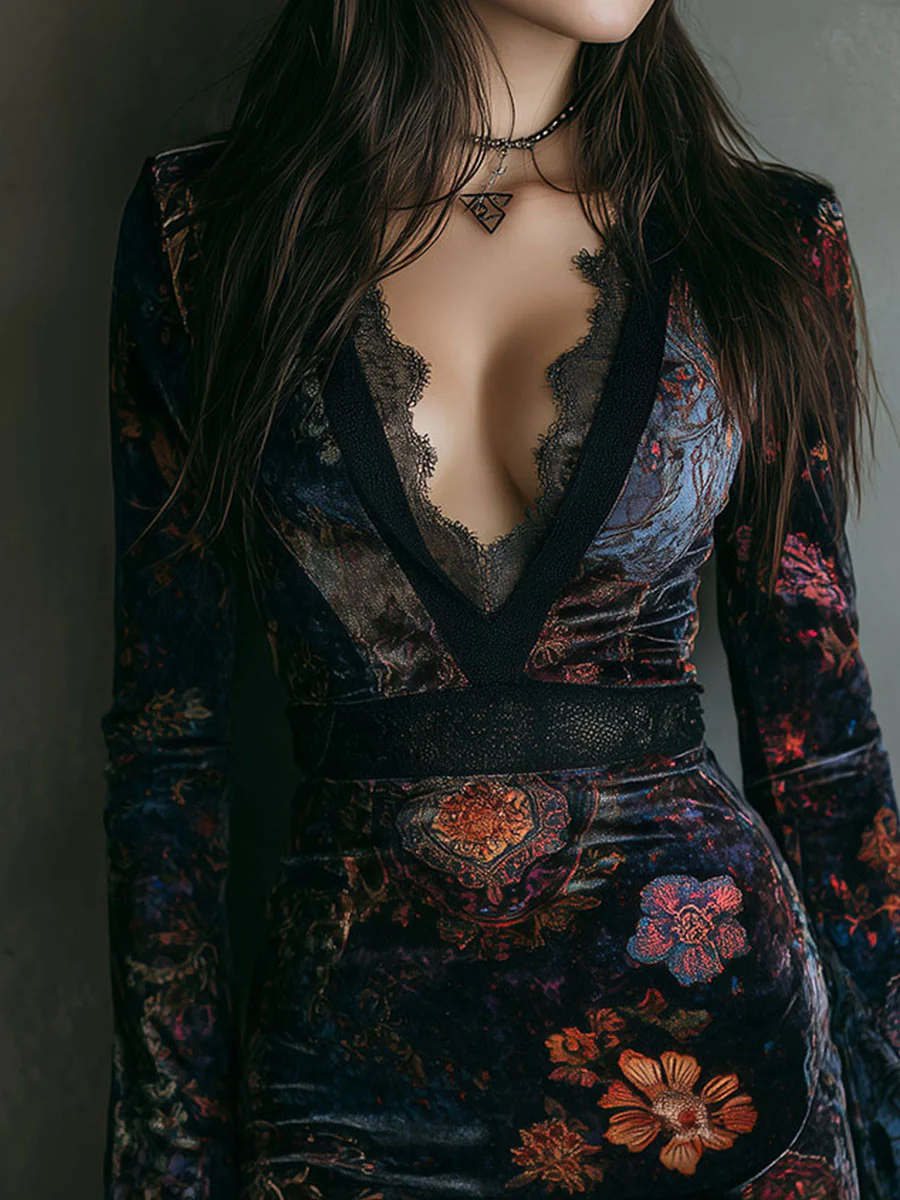 Iris | Mini Bodycon Dress in Velvet, Lace, and Floral Print