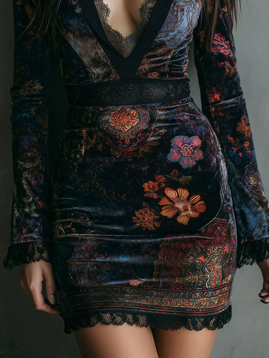 Iris | Mini Bodycon Dress in Velvet, Lace, and Floral Print
