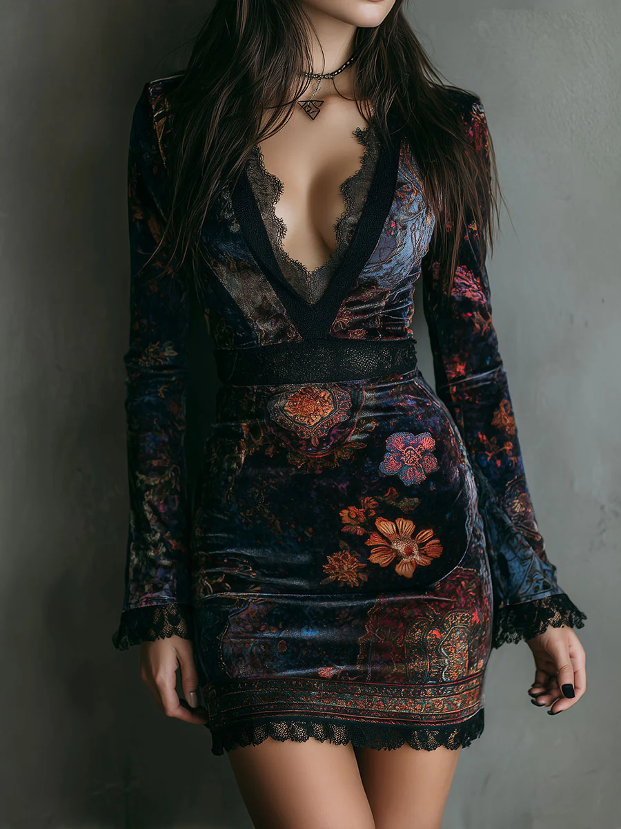 Iris | Mini Bodycon Dress in Velvet, Lace, and Floral Print