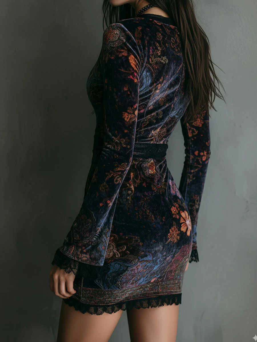 Iris | Mini Bodycon Dress in Velvet, Lace, and Floral Print