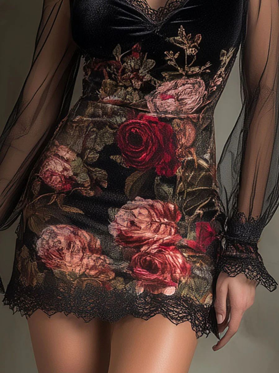 Eglantine | Mini Dress in Tulle, Rose Print and Lace