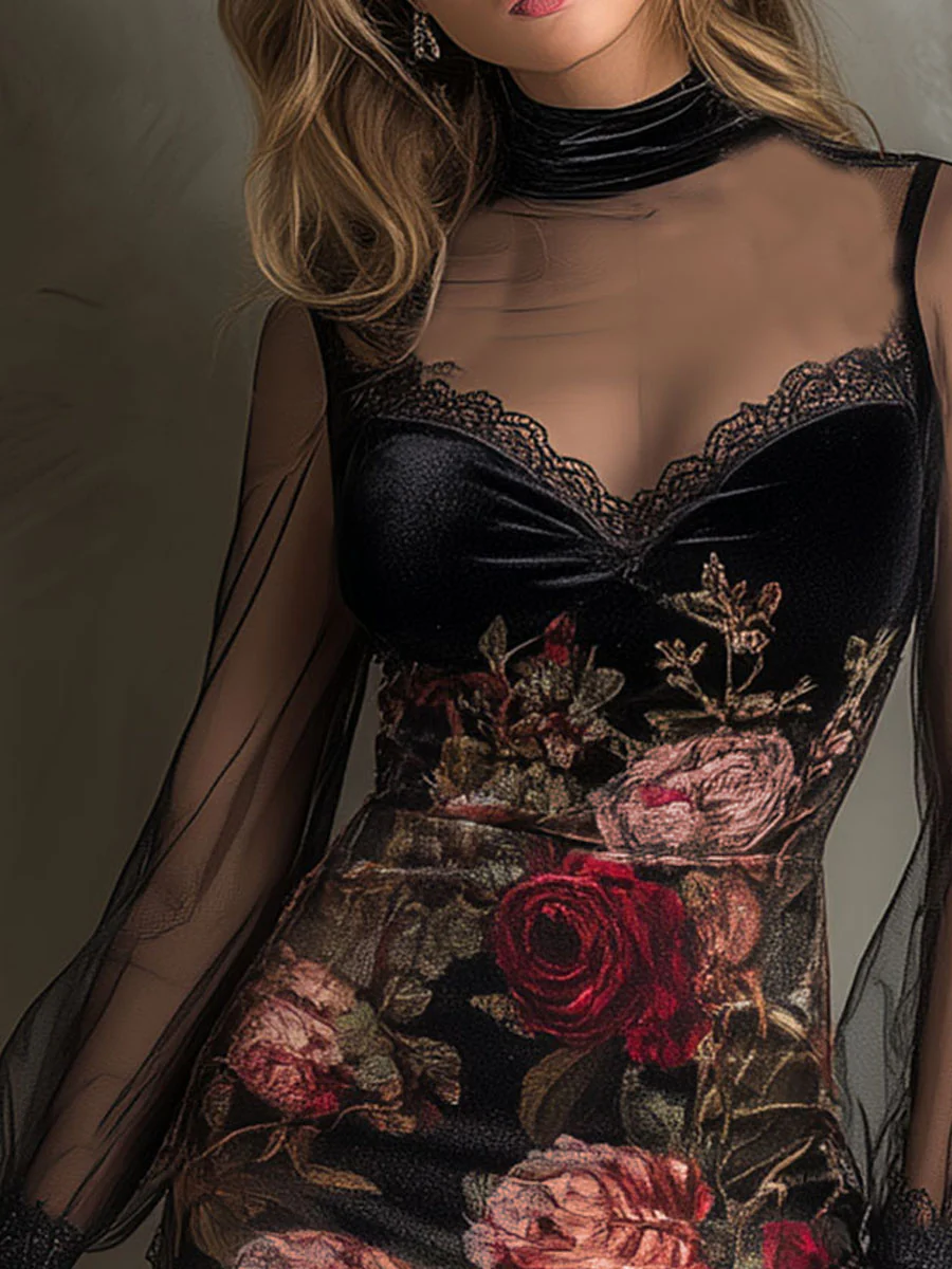 Eglantine | Mini Dress in Tulle, Rose Print and Lace